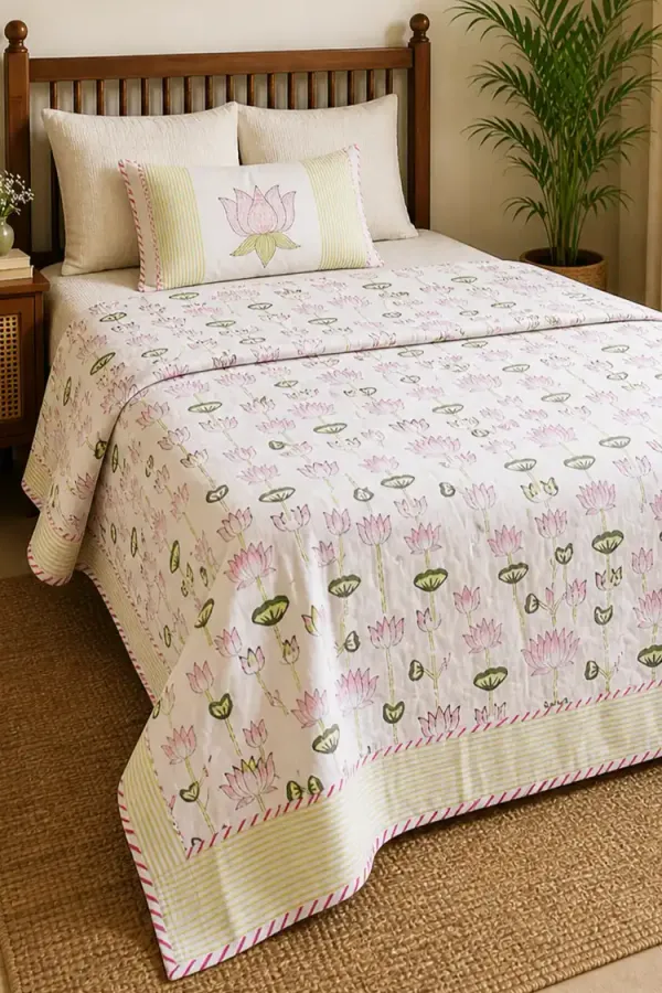 Pink_Green_Organic_Percale_Cotton_Dohars_(Summer_Blankets)_For_Unisex