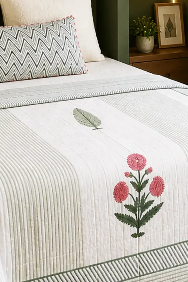 Green_Pink_Organic_Percale_Cotton_Dohars_(Summer_Blankets)_For_Unisex