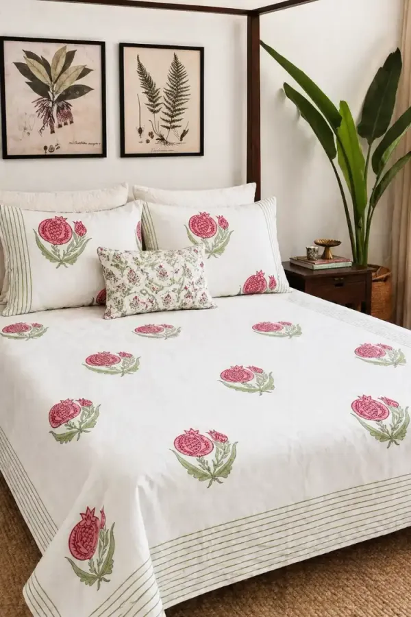 White_Red_Organic_Percale_Cotton_Bedsheet_&_Quilt_Combo_For_Unisex