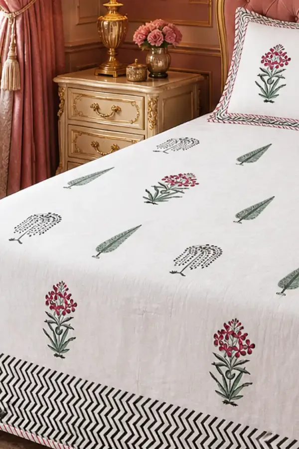 White_Grey_Red_Organic_Percale_Cotton_Bedsheet_&_Dohar_Combo_For_Unisex
