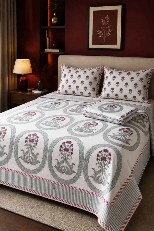 White_Grey_Red_Organic_Percale_Cotton_Bedsheet_&_Dohar_Combo_For_Unisex