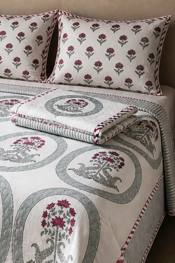 White_Grey_Red_Organic_Percale_Cotton_Bedsheet_&_Dohar_Combo_For_Unisex