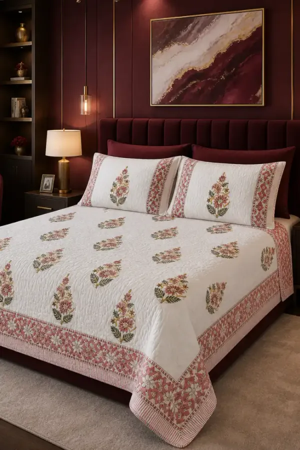 White_Peach_Organic_Percale_Cotton_Bedsheet_&_Quilted_Bedcover_Combo