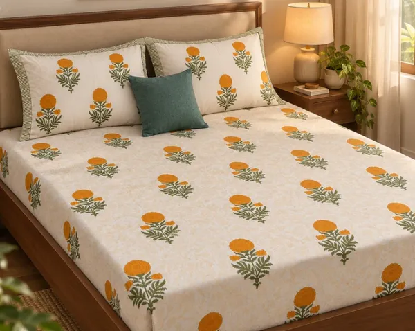Beige_Yellow_Green_Organic_Percale_Cotton_Bedsheets_For_Unisex
