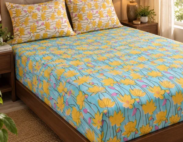 Yellow_Blue_Organic_Percale_Cotton_Bedsheets_For_Unisex