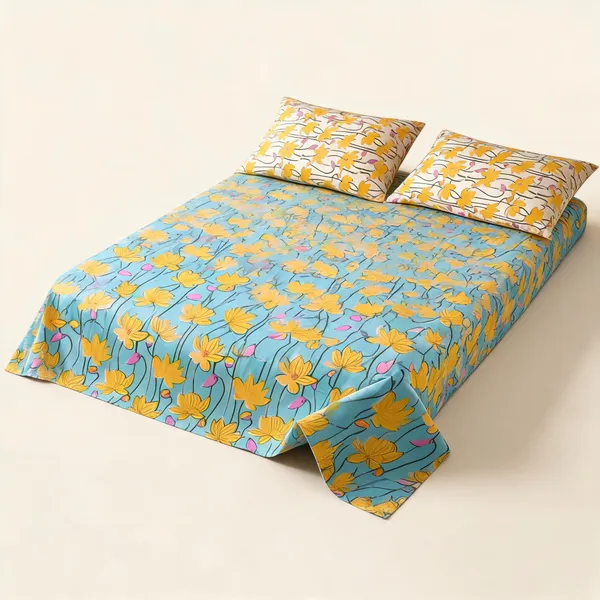 Yellow_Blue_Organic_Percale_Cotton_Bedsheets_For_Unisex