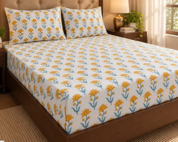 Beige_Yellow_Blue_Organic_Percale_Cotton_Bedsheets_For_Unisex