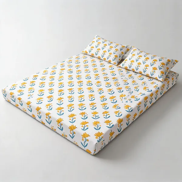 Beige_Yellow_Blue_Organic_Percale_Cotton_Bedsheets_For_Unisex