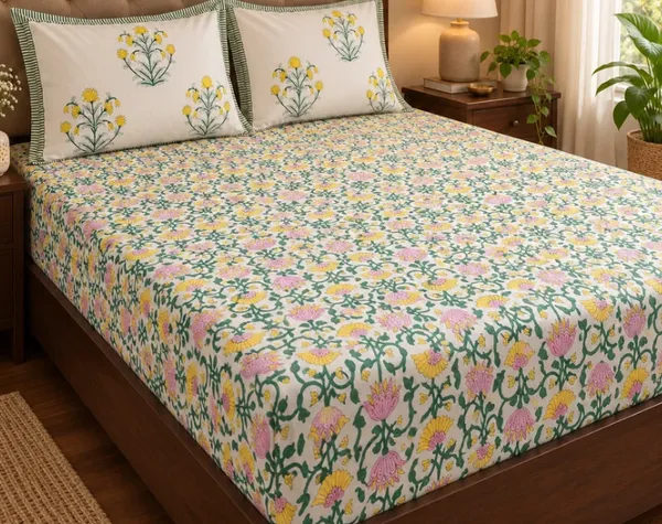 Beige_Yellow_Pink_Organic_Percale_Cotton_Bedsheets_For_Unisex