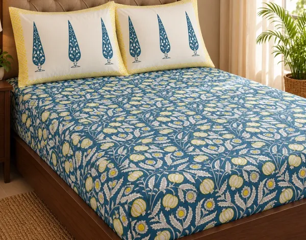 Yellow_Blue_Organic_Percale_Cotton_Bedsheets_For_Unisex