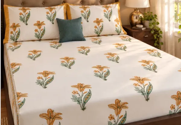 Beige_Yellow_Green_Organic_Percale_Cotton_Bedsheets_For_Unisex