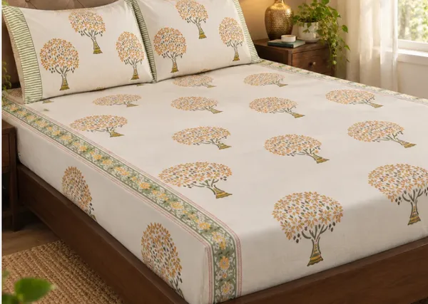 Beige_Yellow_Green_Organic_Percale_Cotton_Bedsheets_For_Unisex
