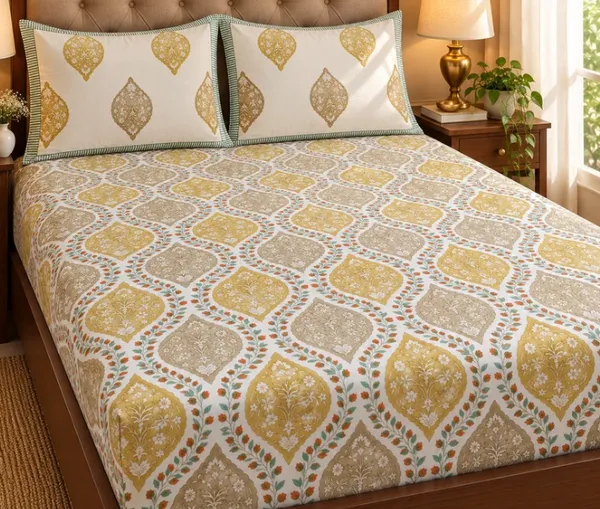 Beige_Yellow_Grey_Organic_Percale_Cotton_Bedsheets_For_Unisex
