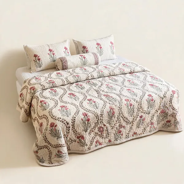 Beige_Green_Pink_Organic_Percale_Cotton_King_Size_AC_Quilts_For_Unisex