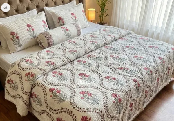 Beige_Green_Pink_Organic_Percale_Cotton_King_Size_AC_Quilts_For_Unisex