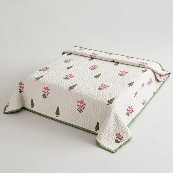 White_Pink_Green_Organic_Percale_Cotton_King_Size_AC_Quilts_For_Unisex