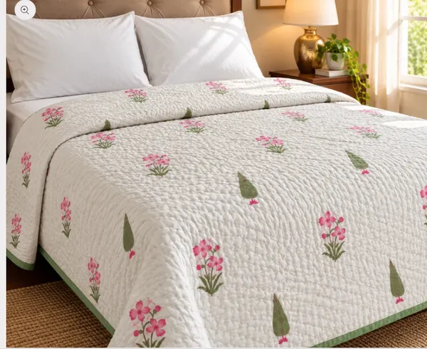 White_Pink_Green_Organic_Percale_Cotton_King_Size_AC_Quilts_For_Unisex