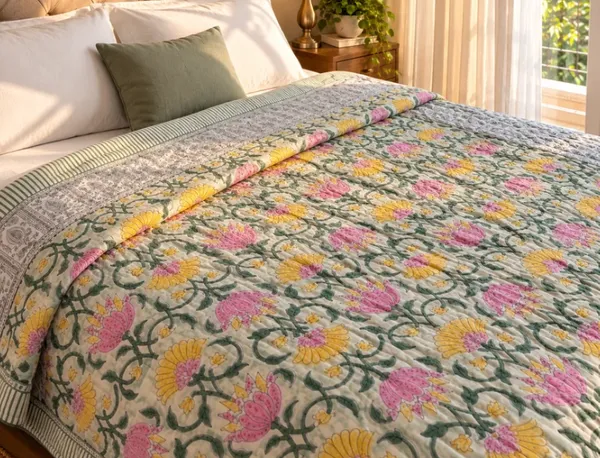 Yellow_Green_Pink_Organic_Percale_Cotton_King_Size_AC_Quilts_For_Unisex