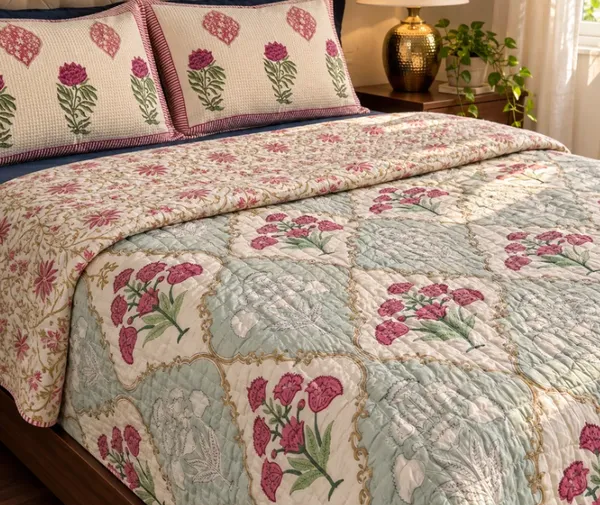 Sage_Green_Pink_Organic_Percale_Cotton_King_Size_AC_Quilts_For_Unisex