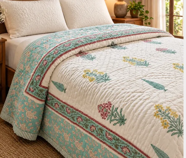 Sea_Green_Yellow_Pink_Organic_Percale_Cotton_King_Size_AC_Quilts_For_Unisex