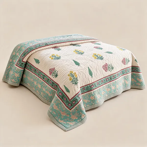 Sea_Green_Yellow_Pink_Organic_Percale_Cotton_King_Size_AC_Quilts_For_Unisex