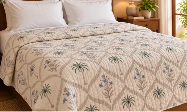 White_Green_Organic_Percale_Cotton_King_Size_AC_Quilts_For_Unisex