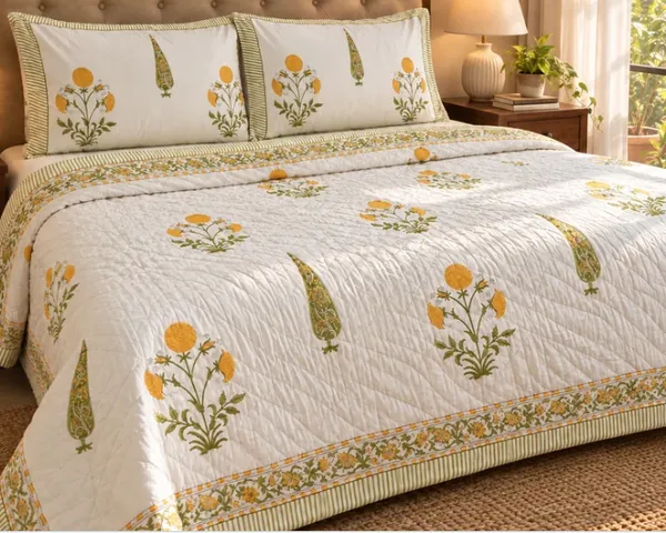 Yellow_Green_Organic_Percale_Cotton_King_Size_AC_Quilts_For_Unisex