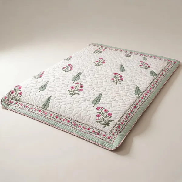 White_Pink_Green_Organic_Percale_Cotton_King_Size_AC_Quilts_For_Unisex