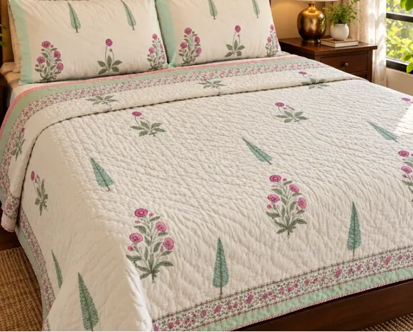 White_Pink_Green_Organic_Percale_Cotton_King_Size_AC_Quilts_For_Unisex