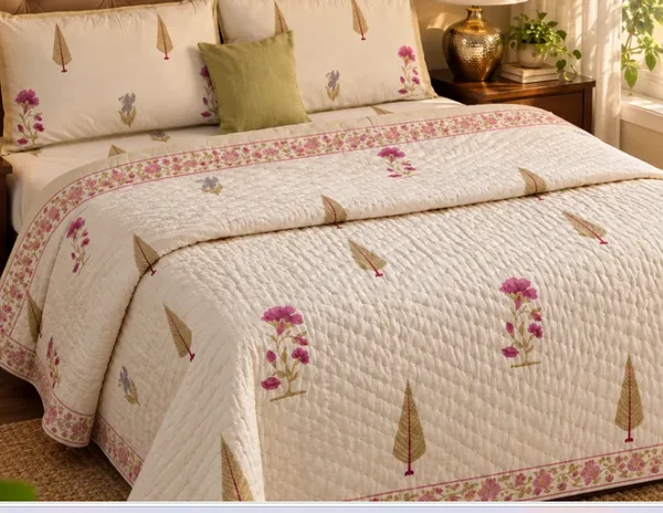 Beige_Pink_Green_Organic_Percale_Cotton_King_Size_AC_Quilts_For_Unisex