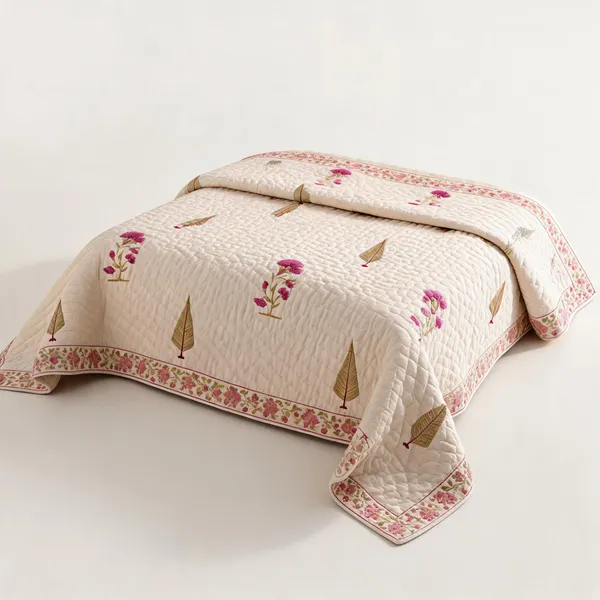 Beige_Pink_Green_Organic_Percale_Cotton_King_Size_AC_Quilts_For_Unisex