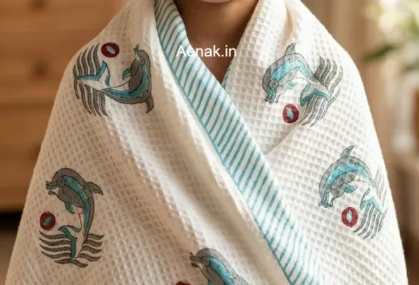 White_Blue_Waffle_Cotton_Bathing_Towel_For_Boys_&_Girls