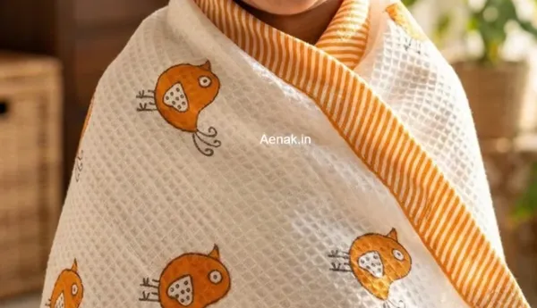 White_Orange_Waffle_Cotton_Bathing_Towel_For_Boys_&_Girls