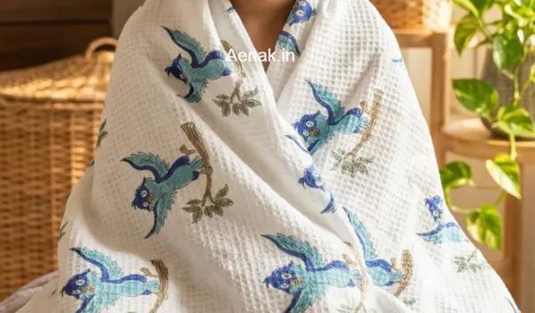 White_Blue_Waffle_Cotton_Bathing_Towel_For_Boys_&_Girls