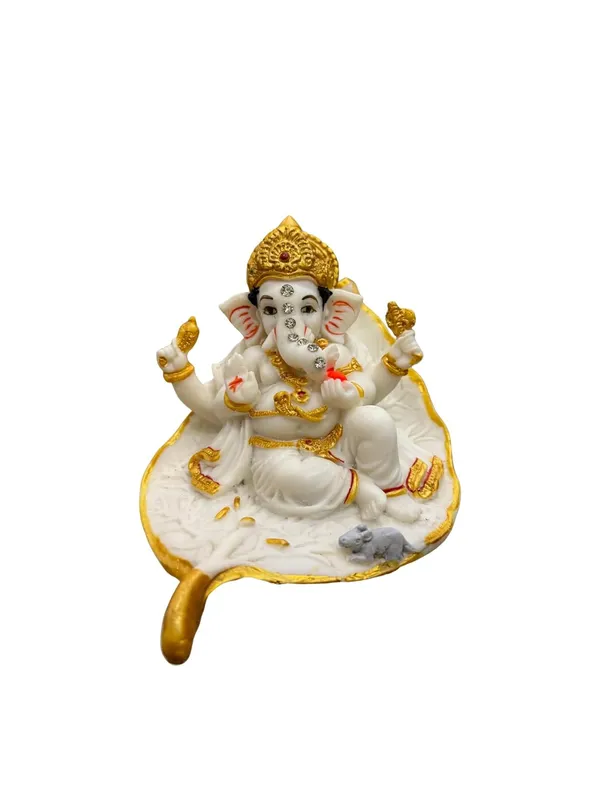 Lord_Ganesha_Idol_Statue_In_White_Gold_Ganpati_Murti_With_Mouse_On_Leaf_Base_Handcrafted_Hindu_Deity_Figurine_For_Home_Temple_Puja_Room_Festive_Gifting