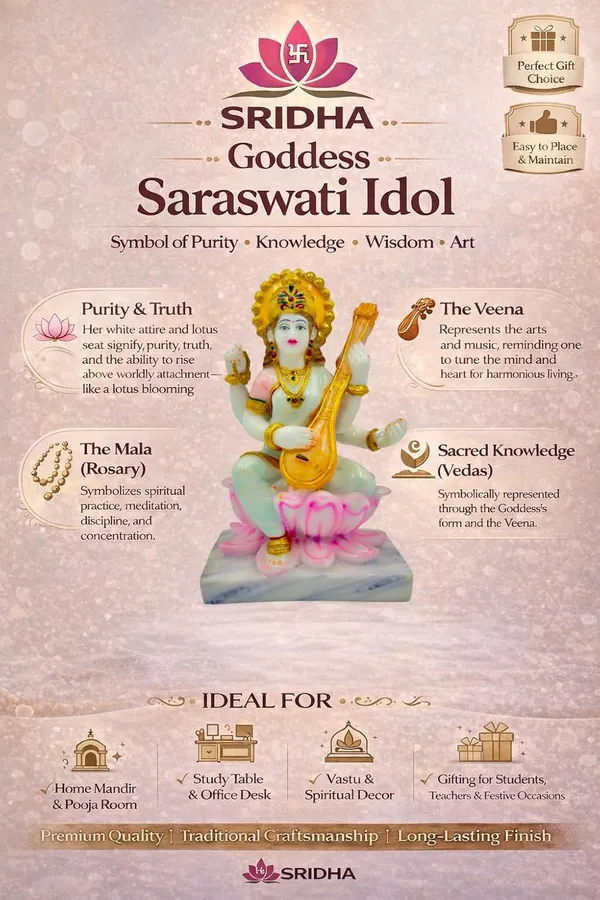 Goddess_Saraswati_Idol_With_Veena_Sitting_On_Lotus_Marble_Dust_Figurine_White_With_Gold_Accents_Traditional_Hindu_Style_Marble_Base_18cm_Height