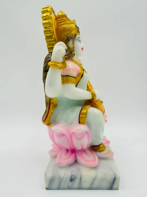 Goddess_Saraswati_Idol_With_Veena_Sitting_On_Lotus_Marble_Dust_Figurine_White_With_Gold_Accents_Traditional_Hindu_Style_Marble_Base_18cm_Height