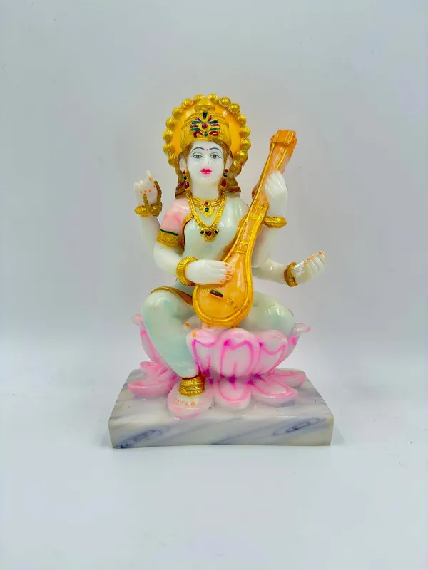 Goddess_Saraswati_Idol_With_Veena_Sitting_On_Lotus_Marble_Dust_Figurine_White_With_Gold_Accents_Traditional_Hindu_Style_Marble_Base_18cm_Height