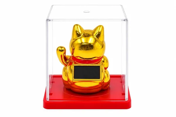Maneki_Neko_Lucky_Cat_Figurine_Gold_Solar_Powered_With_Display_Case