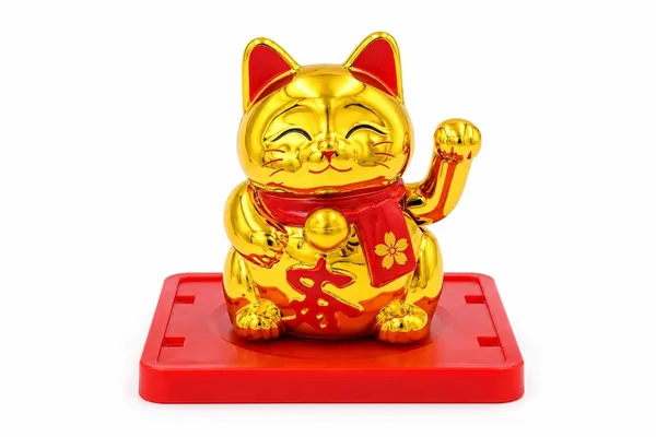 Maneki_Neko_Lucky_Cat_Figurine_Gold_Solar_Powered_With_Display_Case