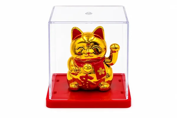 Maneki_Neko_Lucky_Cat_Figurine_Gold_Solar_Powered_With_Display_Case