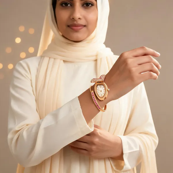Golden_&_Pink_Stainless_Steel_Snake_Watch_For_Women