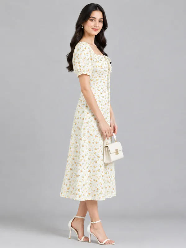 Floral_Printed_White_Cotton_Tie-ups_Square_Neck_Short_Puff_Sleeve_Fit_and_Flare_Midi_Dress