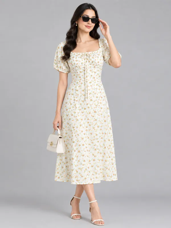 Floral_Printed_White_Cotton_Tie-ups_Square_Neck_Short_Puff_Sleeve_Fit_and_Flare_Midi_Dress