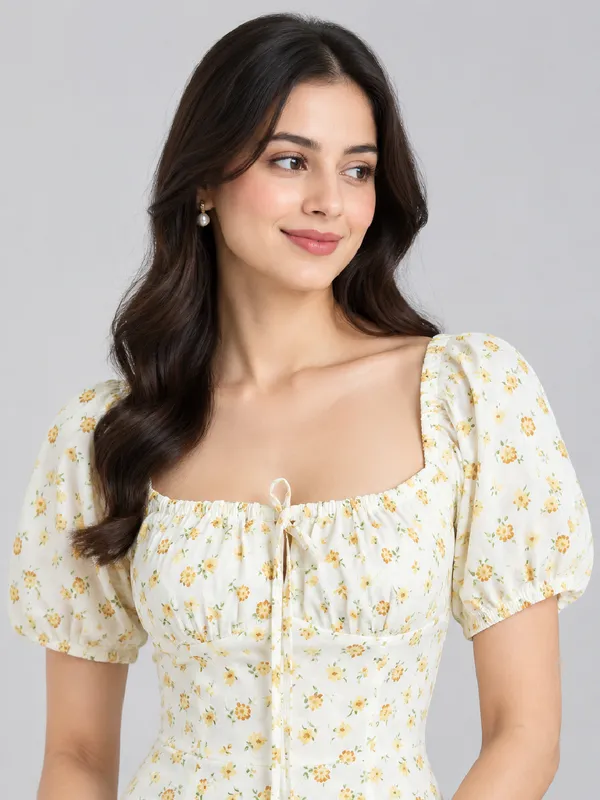 Floral_Printed_White_Cotton_Tie-ups_Square_Neck_Short_Puff_Sleeve_Fit_and_Flare_Midi_Dress