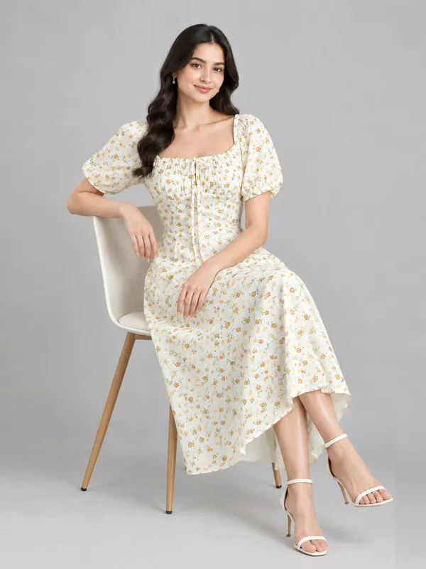Floral_Printed_White_Cotton_Tie-ups_Square_Neck_Short_Puff_Sleeve_Fit_and_Flare_Midi_Dress