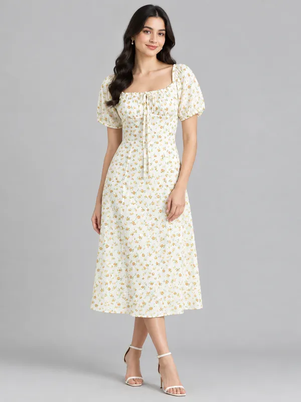 Floral_Printed_White_Cotton_Tie-ups_Square_Neck_Short_Puff_Sleeve_Fit_and_Flare_Midi_Dress