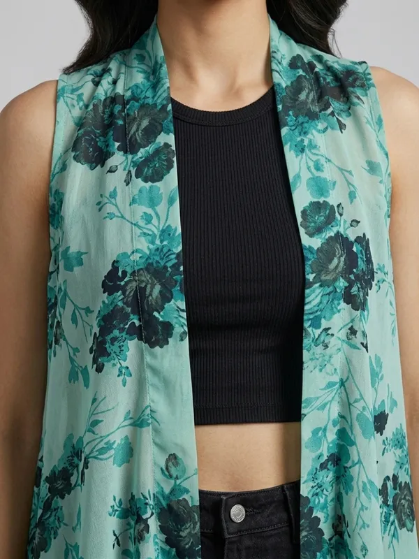 Floral_Printed_Sea_Green_Chiffon_Sleeveless_Open_Front_Asymmetric_Hem_Shrug_For_Women