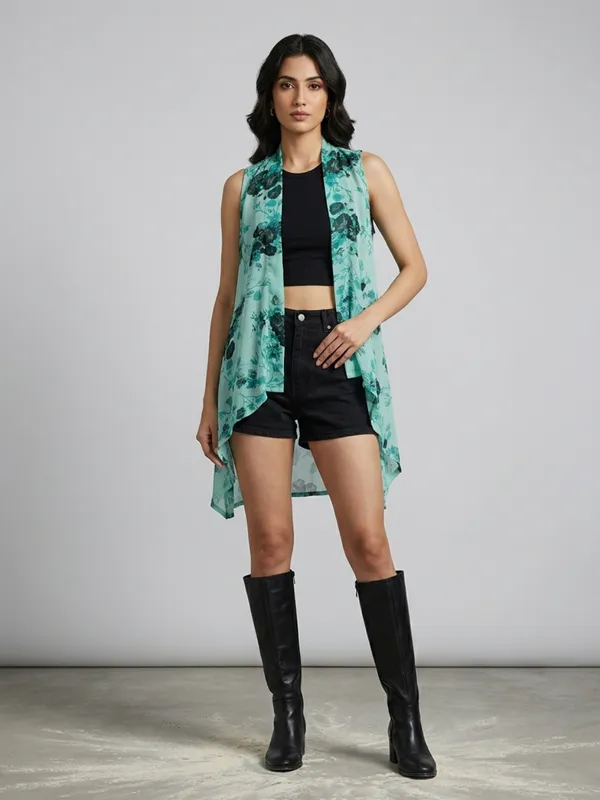Floral_Printed_Sea_Green_Chiffon_Sleeveless_Open_Front_Asymmetric_Hem_Shrug_For_Women