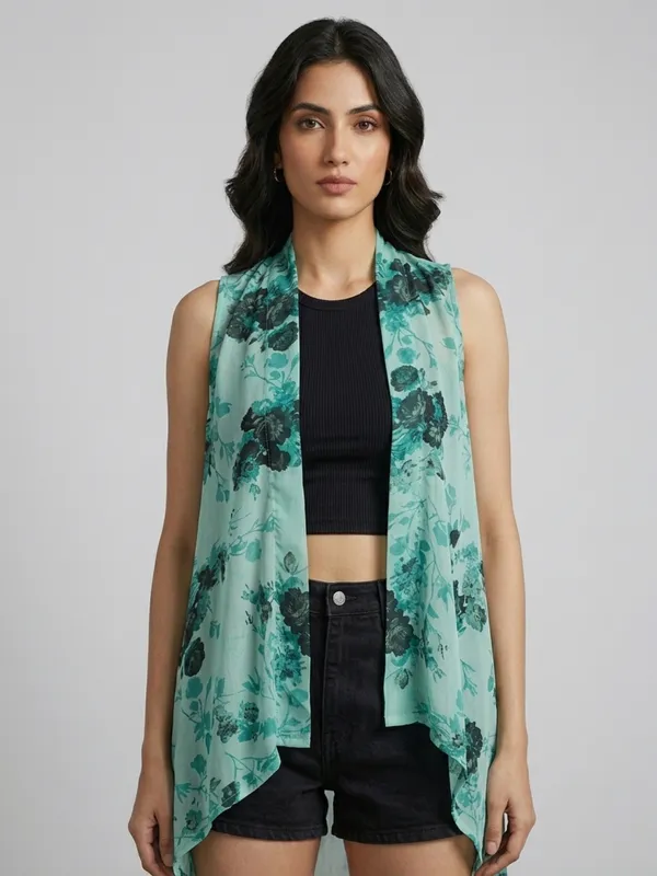 Floral_Printed_Sea_Green_Chiffon_Sleeveless_Open_Front_Asymmetric_Hem_Shrug_For_Women